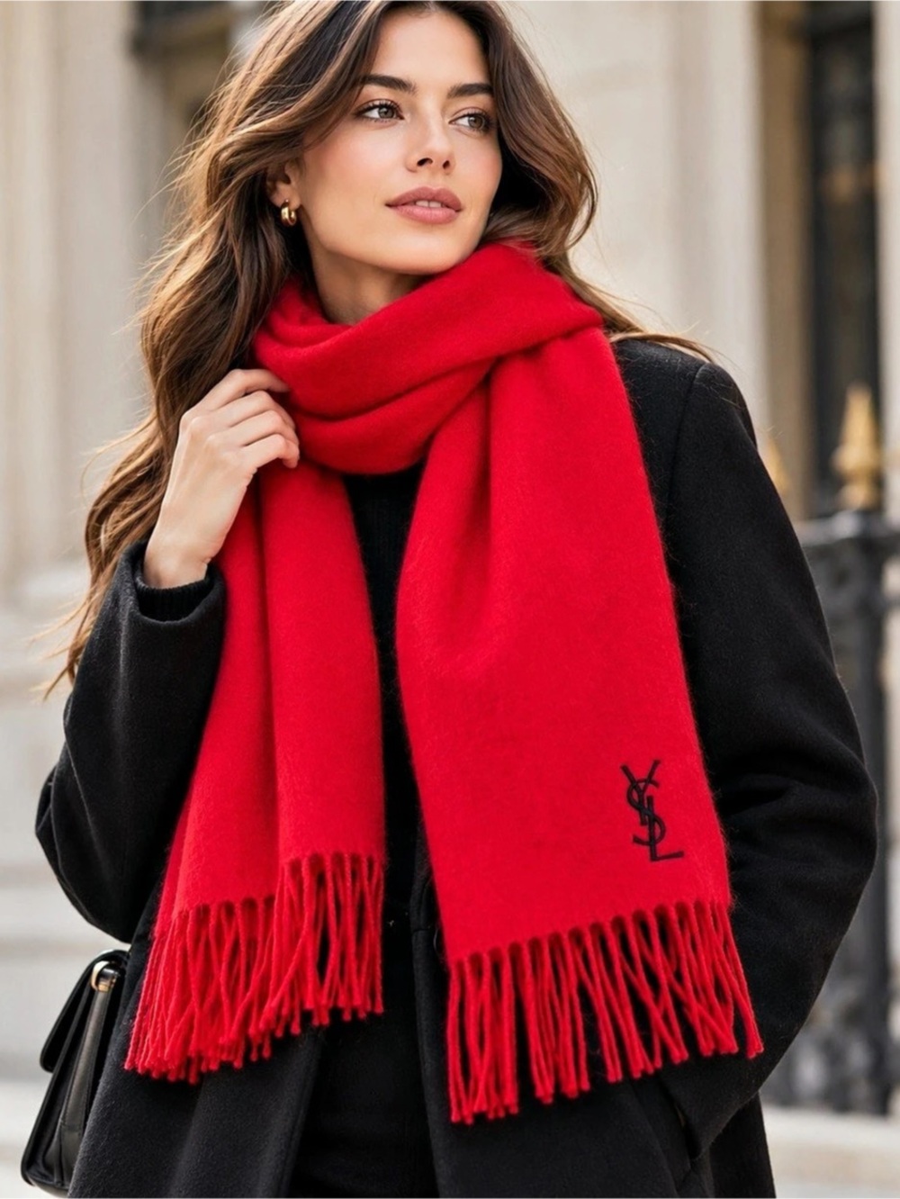 Yves Saint Laurent Red Wool Logo Fringe Scarf Red & Black Wool Logo Fringe Scarf